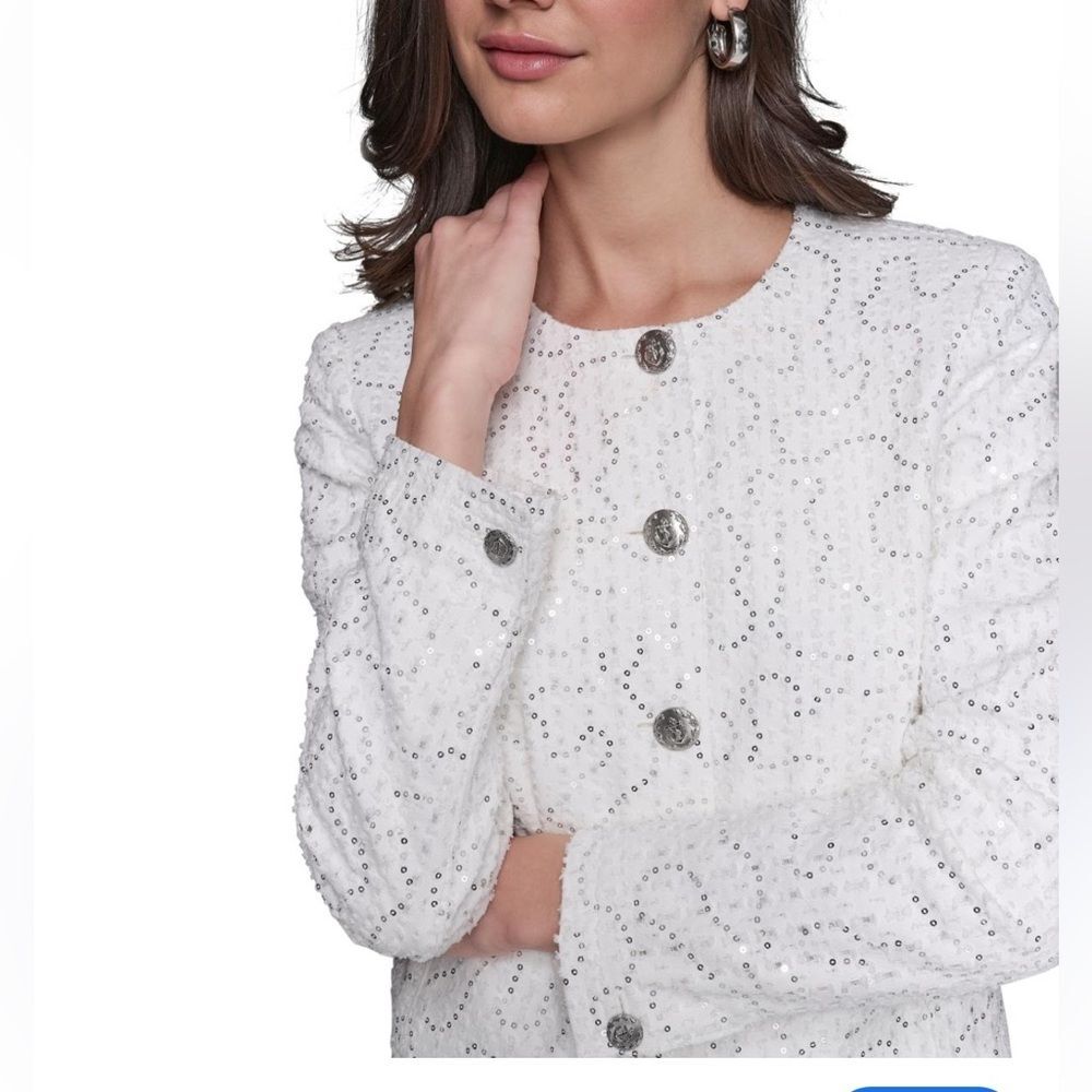 New KARL LAGERFELD PARIS Button-Front Sequin Collarless Jacket Women’s Size L